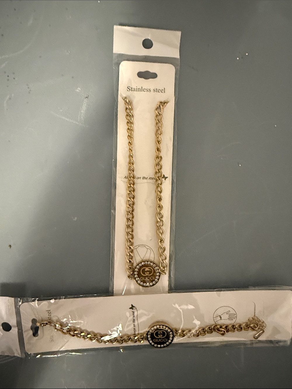 Gucci Gold Chain Necklace with Black Center Medallion 2 piece